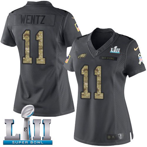 Women Philadelphia Eagles #11 Wentz Anthracite Salute To Service Limited 2018 Super Bowl NFL Jerseys